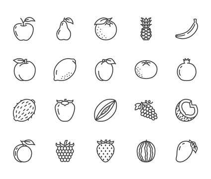 Fruits, berry flat line icons set. Orange, strawberry, pineapple, mango, lemon, kiwi, apple, grape vector illustrations. Outline signs for organic food store. Pixel perfect 64x64. Editable Strokes
