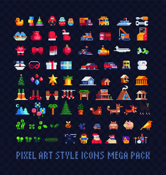 Pixel art icons big set, Xmas symbols, building, transport, plants and animals. Design for stickers, logo, web and mobile app. Isolated vector illustration. 8-bit sprite.