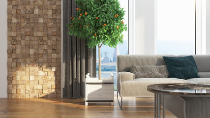 Modern design living room interior with beautiful view . 3D rendering