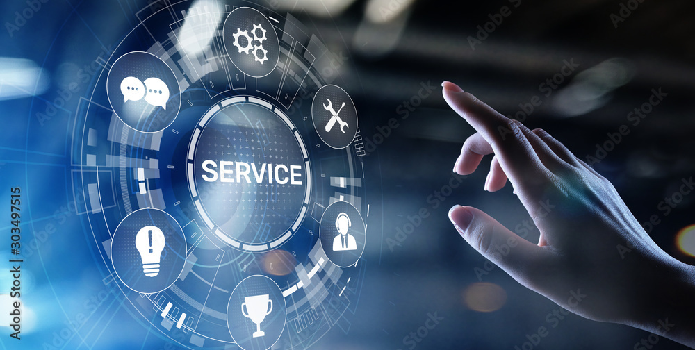 Poster service support customer help call center business technology button on virtual screen.