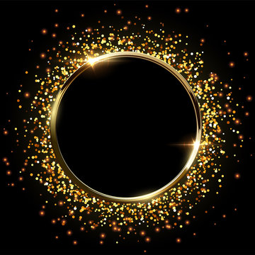 Golden sparkling ring with golden glitter isolated on black background. Vector golden frame.