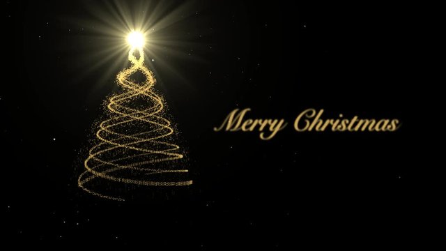 Animated Christmas tree with falling snowflakes on green screen background Christmas tree made of gold animated particles. Christmas mood. Glittering effect.
