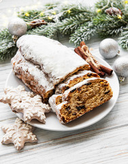 Christmas stollen on wooden background