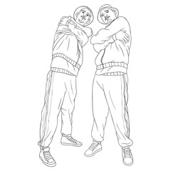 Fototapeta na wymiar Two oldschool hip hop breakdancers standing in bboy with arms crossed looking cool in the kara. outline, vector, comic, illustration.