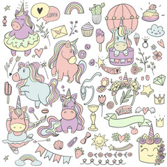 A large set of cute fairy tale unicorns for girls. Pink and blue ponies, hearts, flower, clouds, rainbow, candy, ribbon, balloon, ballerina, cake, cactus. Happy Birthday! sticker set. doodle style