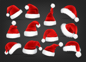 Christmas Santa Claus caps set, vector illustration. Isolated on a transparent background. Realistic Santa’s hat for xmas. Winter clothes.