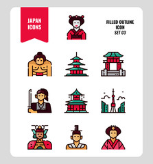 Japan flat icon set 3. Include Traditional costume, people, architecture, building and more. Filled outline icons Design.  vector illustration