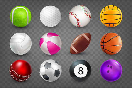 Realistic sports balls for playing games vector illustrations set. Round sports equipment icons isolated on transparent background. Illustration of soccer and baseball, tennis, bowling, tennis, golf.