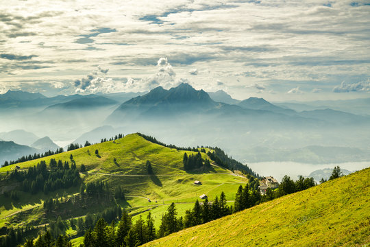 Beautiful view on Lake Lucerne, Mount Pilatus and Swiss Alps from top of Rigi Kulm © Michal