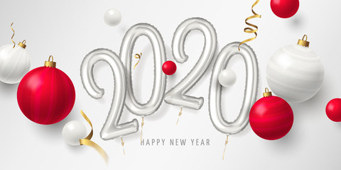 Vector festive horizontal banner with text Happy New Year and number 2020 shaped balloons, 3D realistic christmas toys and gold ribbons. Elegant holiday background with decoration for design of flyer.