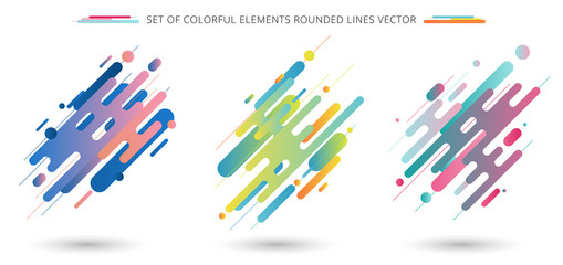 Set of colorful rounded lines shapes in diagonal rhythm dynamic composition on white background.