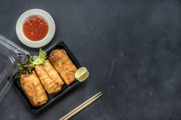Fried chinese spring rolls with sweet chili sauce