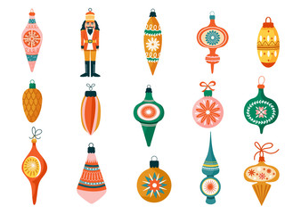 Fototapeta na wymiar Christmas set of various tree decorations. Nutcracker and ball toy. Winter Holidays collection for postcard, banner, invitation, wrapping paper etc. Vector illustration.