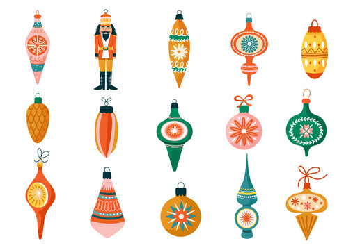 Christmas set of various tree decorations. Nutcracker and ball toy. Winter Holidays collection for postcard, banner, invitation, wrapping paper etc. Vector illustration.