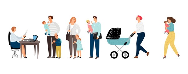 Long queue. Long line parents with children to administrator. Flat people vector characters