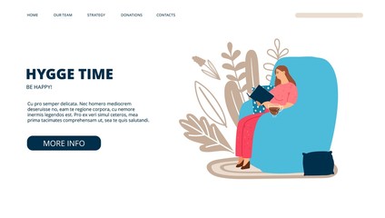 Hygge landing page. Scandinavian lifestyle banner template. Vector woman reads book on big armchair with cup of tea. Hygge web banner