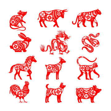 Traditional chinese zodiac illustrations. Vector china horoscope animal symbols, bull and mouse, pig and dragon vectors for papercut