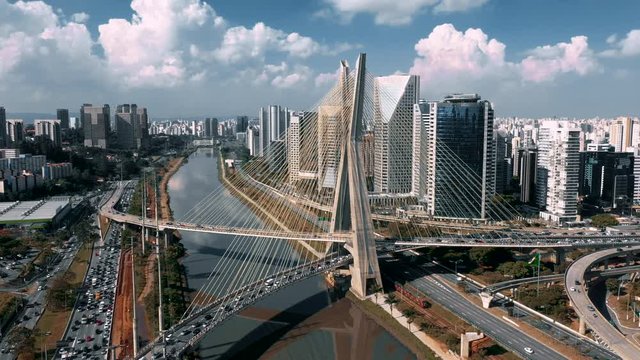 Aerial Of Cable Stayed Bridge In Sao Paulo Business Center, Peak Hour