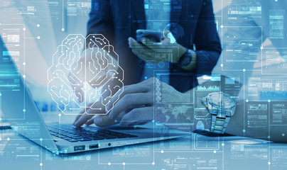AI, artificial intelligence conceptual with computer interface of business team, big data management use AI technology computing