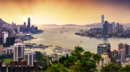 Hong Kong skyline at dramatic sunset