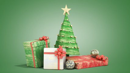 new year decorative Christmas tree and new year Gift Boxes 3d render on green gradient