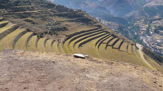 Agriculture constructions. Inca terraces used for plants farming, Archeological Park in Sacred Valley of Incas in Pisac near Cusco, Peru