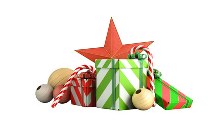 christmas gift boxes and accessories background 3d render on white no shadow