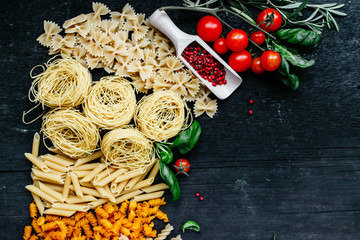 italian pasta . Raw pasta. Farfale, cappelli angelo, spaghetti, cavatelli, noodles