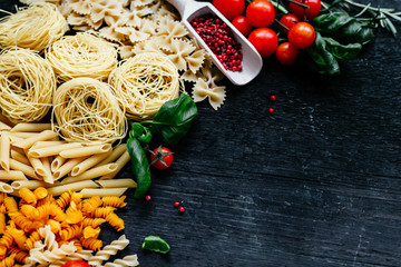 italian pasta . Raw pasta. Farfale, cappelli angelo, spaghetti, cavatelli, noodles