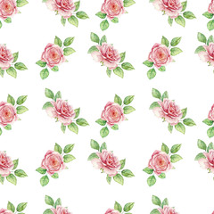 Delicate watercolor seamless pattern with roses and leaves. Trendy design, best for wedding invitation, greeting card, valentine, love, baby shower, prints, ceramic, bedding textile, background, 