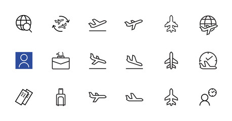 Fototapeta premium A simple set of airport related vector line icons. Contains badges such as departure, boarding, waiting time, boarding, find a place to travel tickets, and much more. Editable stroke. 48x48 pixels