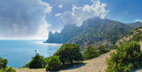 Sea coast with steep rocks overgrown with juniper trees