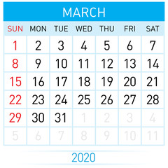 March Planner Calendar. Illustration of Calendar in Simple and Clean Table Style for Template Design on White Background. Week Starts on Sunday