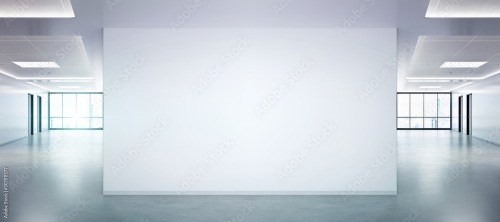 Poster blank wall in bright office mockup with large windows and sun passing through 3d rendering