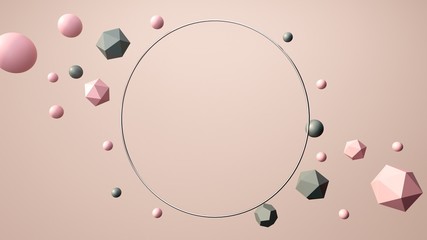 Minimal background with blank space  for product presentation. Dynamic set of spheres, rings, and geometrical forms. Trendy background in pink pastel colors and green shapes.   Poster model. 3d render