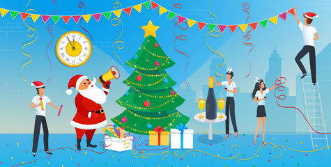 Merry Christmas and 2020 Happy New Year eve greeting card, santa claus and group of business people are engaged in decoration of christmas tree in office with clock. Champagne on the table, garlands.