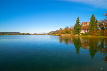 On Lake Constance in autumn. Near the castle Oberstaad. whose tower is about 800 years old. On the...