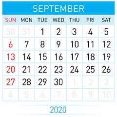 Obraz premium September Planner Calendar. Illustration of Calendar in Simple and Clean Table Style for Template Design on White Background. Week Starts on Sunday