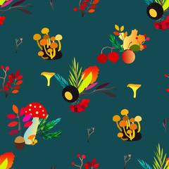 Autumn vector seamless pattern with berries, acorns, pine cone, mushrooms, branches and leaves.