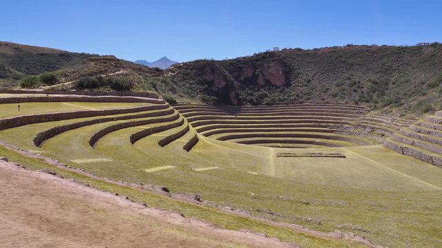 Inca agricultural terraces in the Sacred Valley. Moray in Cuzco, Sacred Valley, Peru