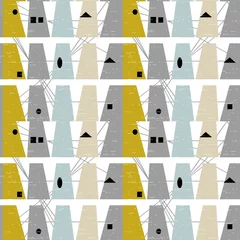 Behang Abstract geometrisch vector naadloos patroon geïnspireerd door moderne stoffen uit het midden van de eeuw. Eenvoudige vormen en lijnen in retro pastelkleuren en gestructureerde achtergrond. Knipmasker wordt gebruikt voor eenvoudige bewerking. © dinadankersdesign