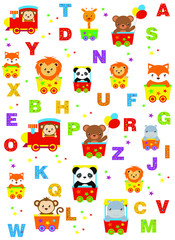 kids alphabet print with cartoon colored animals and stars on a white background