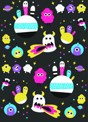 children's cartoon pattern with colored space monsters on a gray background