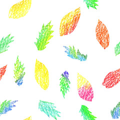 Graphic seamless pattern in naive pencil style with forest leaves. Decorative paper textured botanical background for a thanksgiving, children's room or branding design