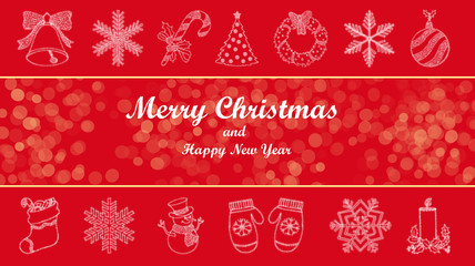 Merry Christmas and happy New year. Background for a Christmas card. Red background for Christmas greetings. Winter holiday. Happy holiday. Decor for the New year.  Elements of the winter holiday.  Re
