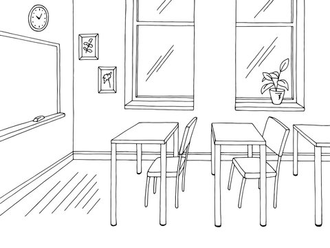 Classroom graphic black white school interior sketch illustration vector