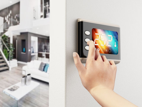 Hand adjusting room temperature using a digital thermostat screen. 3D illustration