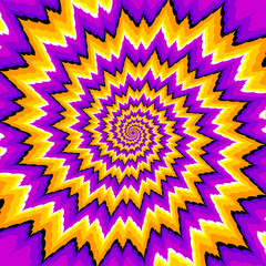 Yellow and purple background with spirals. Optical expansion illusion.