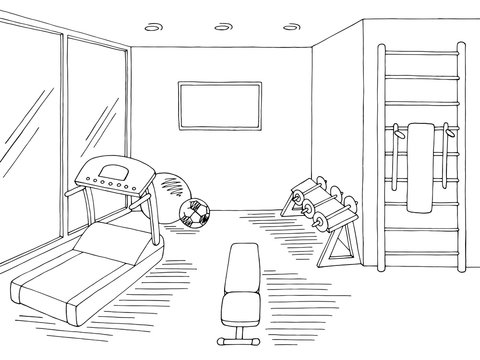 Gym interior graphic black white sketch illustration vector
