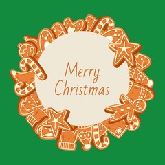 Christmas banner made of gingerbread cookies vector illustration. Traditional Christmas homemade gingerbread man sweets in circle wreath. Best for sweets shops and cafe.